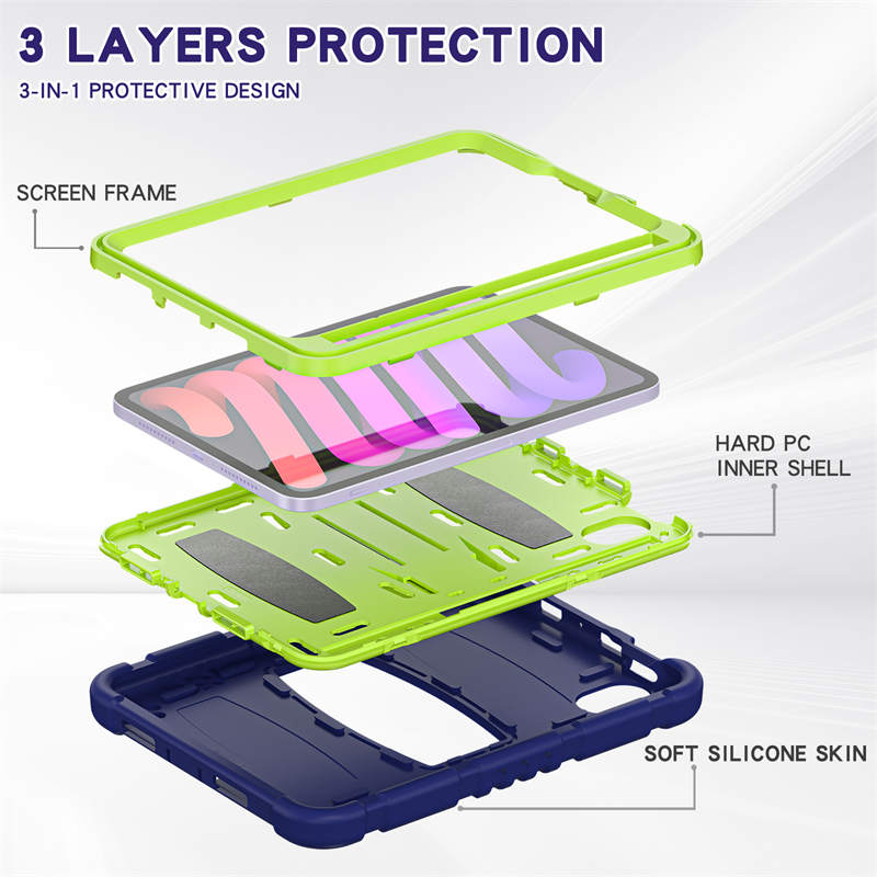 KingKong iPad Case For iPad Mini 6 Three-Layer Hybrid Protective Case With Holder-NavyLime
