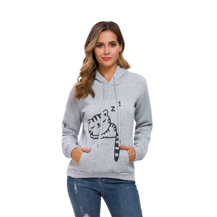 Women Teen Girls Cat Printed Hoodie Sweatshirt Cute Cat Ear Pullover Sweatshirt-Gray