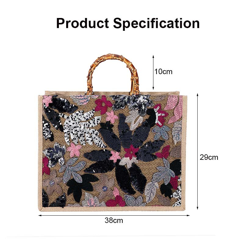 Handbag Bamboo Tote Sequin Straw Woven Bag for Womens-Black