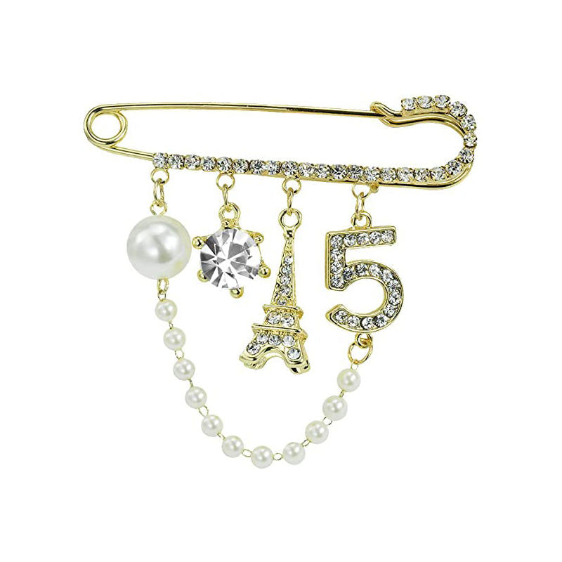 Rhinestone Pearl Number 5 Lapel Pins and Brooches for Women