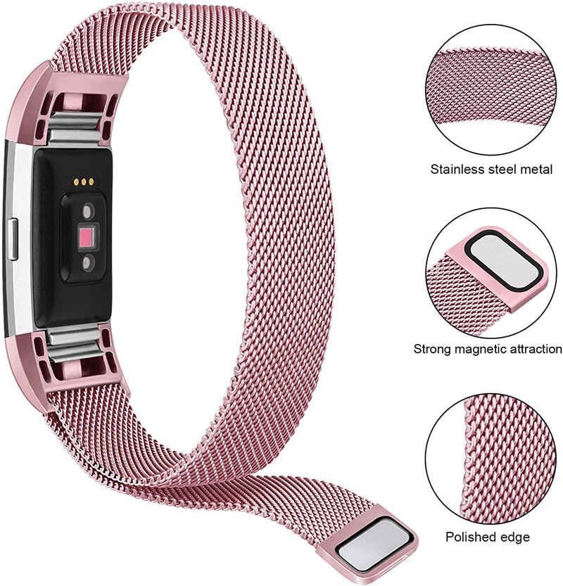 Stainless Steel Magnetic Strap For Fitbit Charge 2 Replacement Bracelets Milanese-Rose Pink