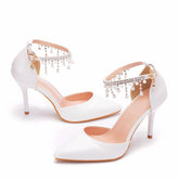 Pointed Toe High Heel Pearl Ankle Strap Wedding Dress Pump-White