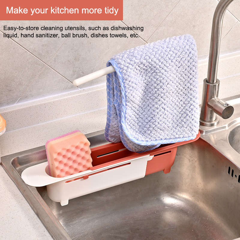 Telescopic Sink Storage Rack Dishcloth Sponge Draining Holder-Red