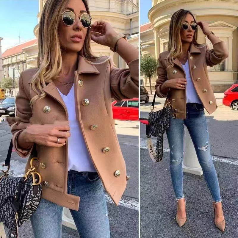 Womens Peacoat Double Breasted Lapel Casual Cropped Jackets Winter-Khaki