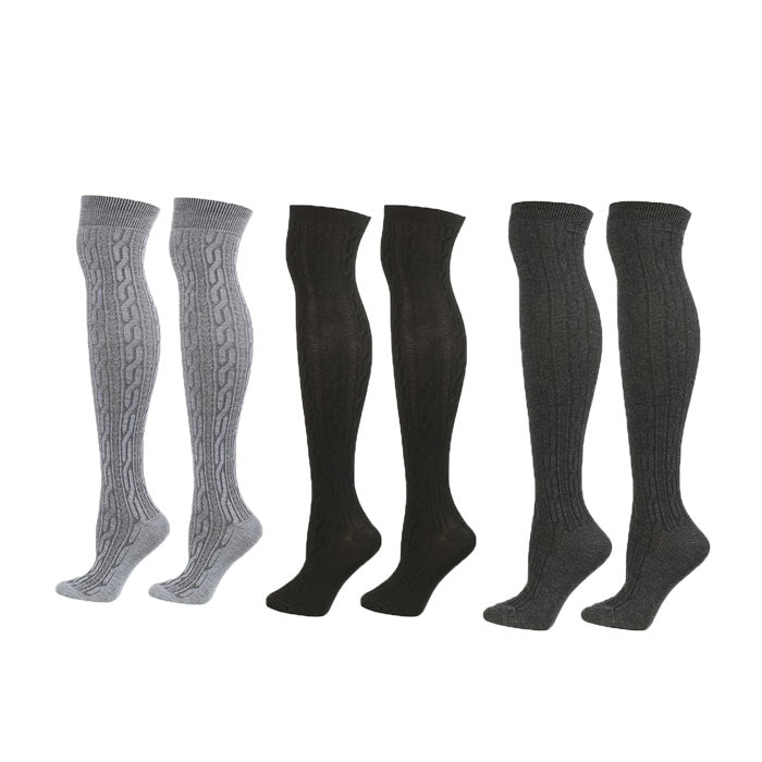 3Packs Women Extra Long High Socks Knit Warmers Thick Tall Long Boot Stockings Leg-BlackGrayDarkGray
