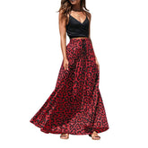 Women's Gold Velvet Fashion Leopard Printing Maxi Skirt High Elastic Shirring Waisted Dress-Red