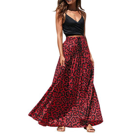 Women's Gold Velvet Fashion Leopard Printing Maxi Skirt High Elastic Shirring Waisted Dress-Red