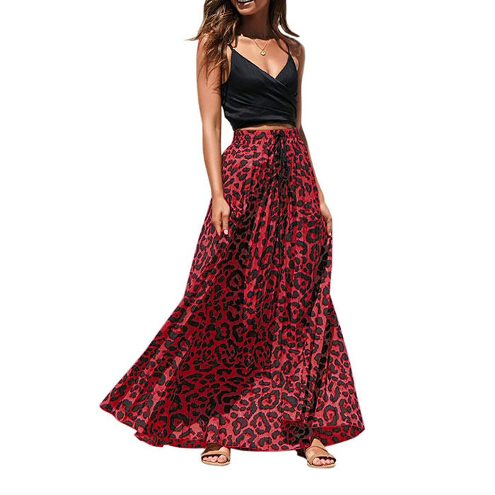 Women's Gold Velvet Fashion Leopard Printing Maxi Skirt High Elastic Shirring Waisted Dress-Red
