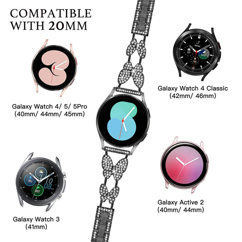 20mm Metal Watchband Butterfly Bling Diamond for Galaxy Watch 3/4/5-Black