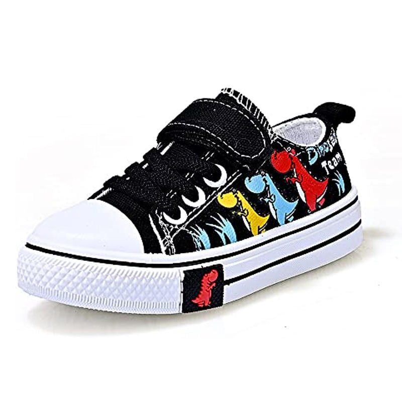 Toddler-Unisex Canvas Sneakers Cartoon Dinasour Slip on Shoes-Black