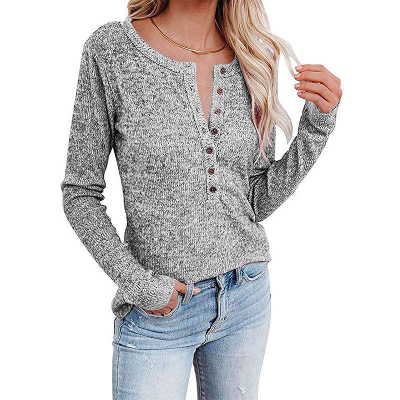 Womens Long Sleeve Tops Pullover with Buttons Down Casual Loose Fit-Grey