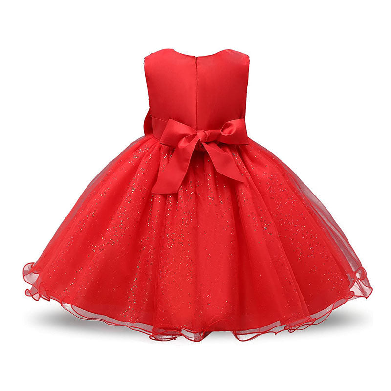 Girl Sleeveless Lace 3D Flower Tutu Holiday Princess Wedding Dresses-Red