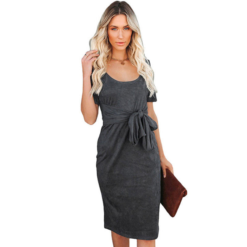 Womens Elastic Cocktail Party Elegant Dress Body Dress With Belt-DarkGray