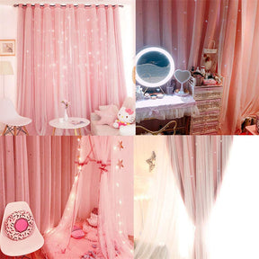2 Panels Double Layer Stars Blackout Curtains for Bedroom Window-Pink