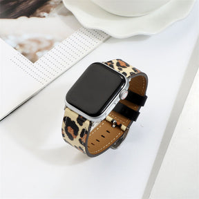 Genuine Leather Apple Watch Band Leopard Wristband for iWatch Series SE/6/5/4/3/2/1-Brown