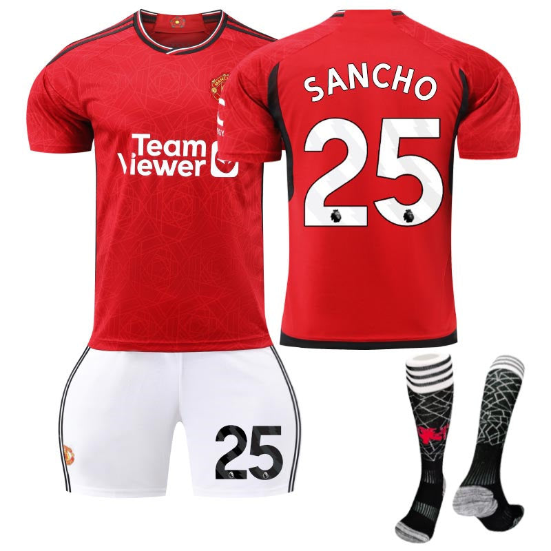 Red Devil Man Utd Home Jersey SANCHO #25 Soccer Jersey Kids Adult 3Pcs Jersey Kits