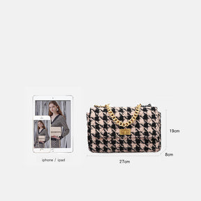 PU Leather Houndstooth Ladies Shoulder Bag Fashion Woolen Cloth Crossbody Bag-Apricot