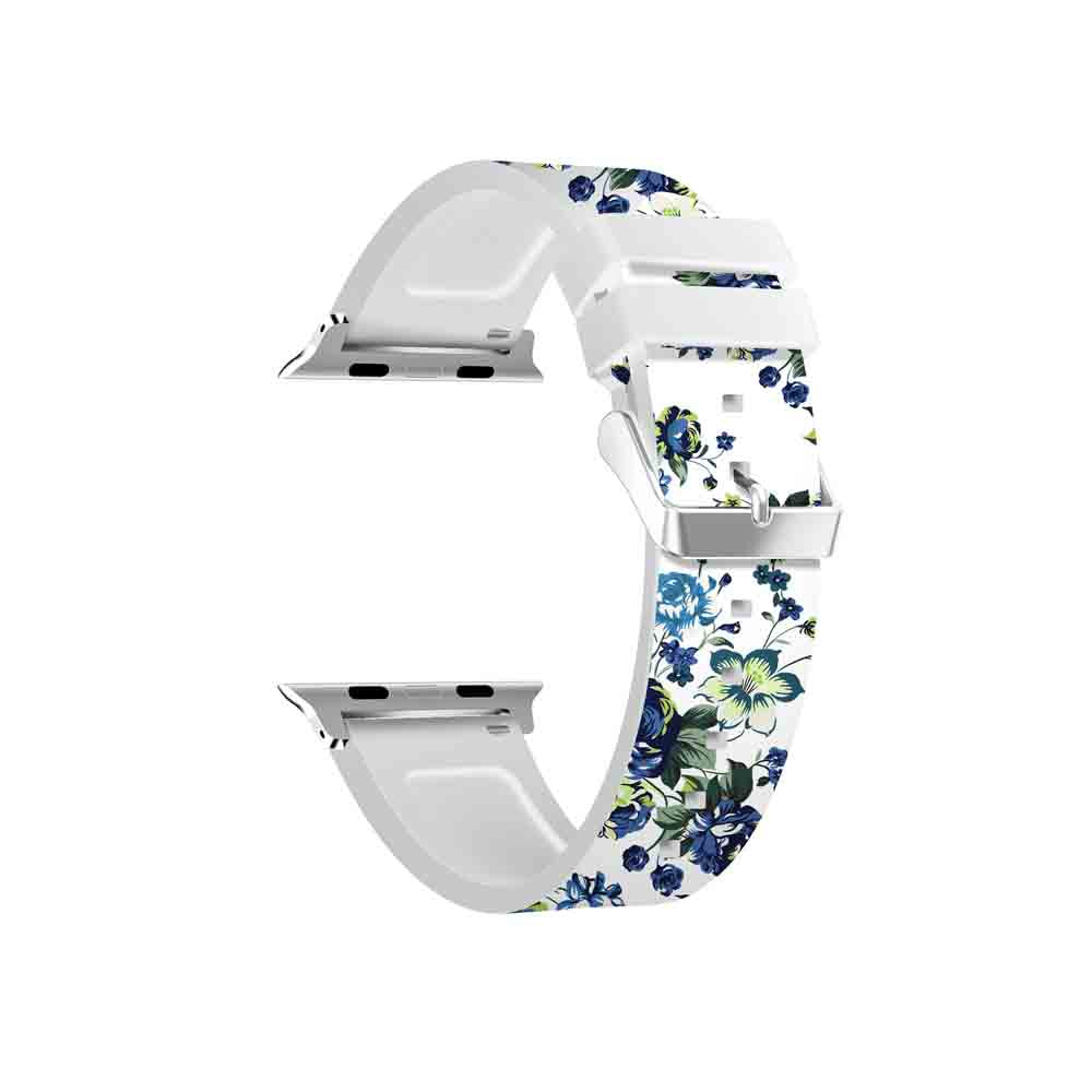Flower Printing Silicone Watch Band For Apple Watch SE/6/5/4/3/2/1(White Green)