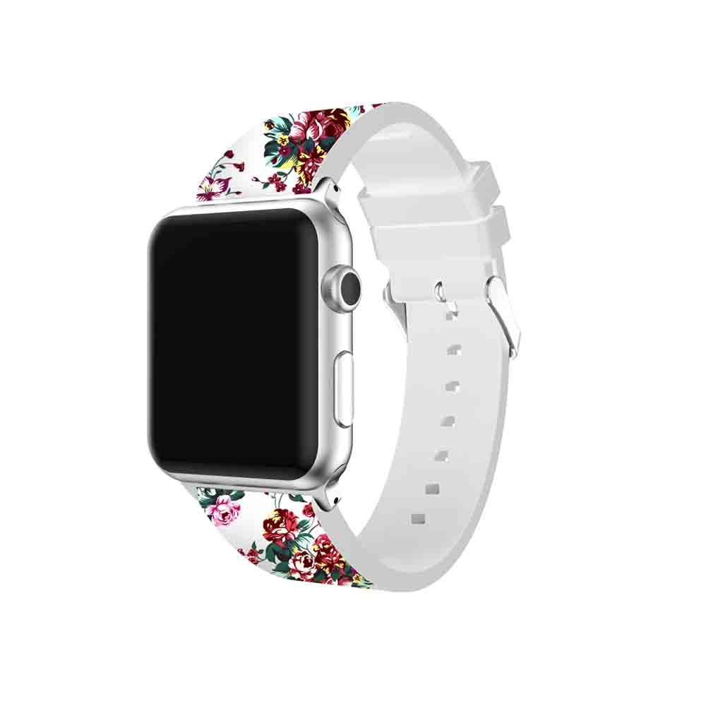 Flower Printing Silicone Watch Band For Apple Watch SE/6/5/4/3/2/1(White Red)