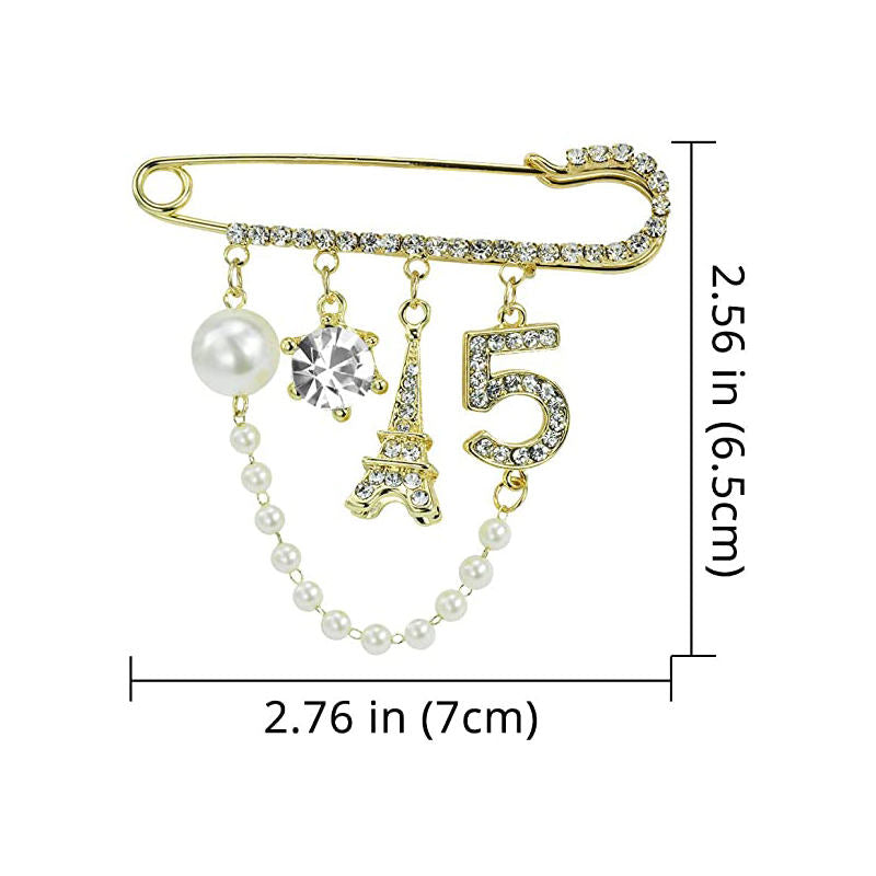 Rhinestone Pearl Number 5 Lapel Pins and Brooches for Women