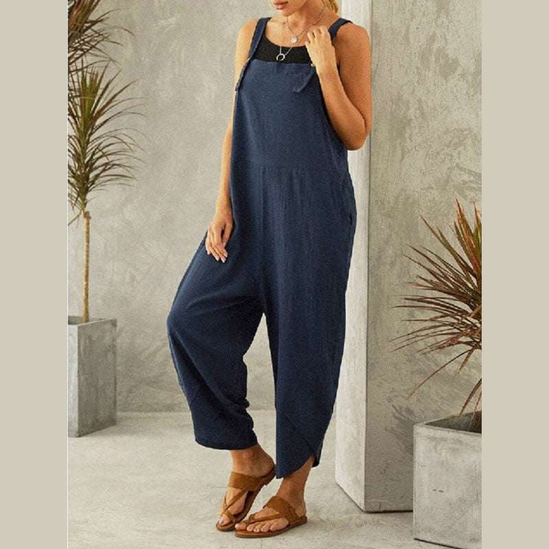 Womens Cotton Adjustable Casual Summer Bib Overalls Jumpsuits with Pockets-DarkBlue