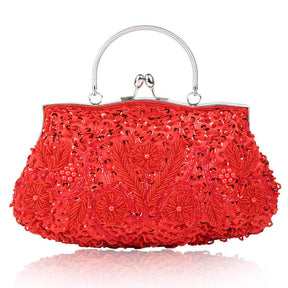 Beaded Sequin Design Flower Evening Purse Large Clutch Bag-Red