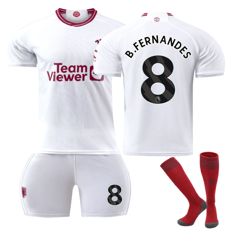 Red Devil Man Utd Second Away Jersey B.FERNANDES #8 Soccer Jersey Kids Adult 3Pcs Jersey Kits