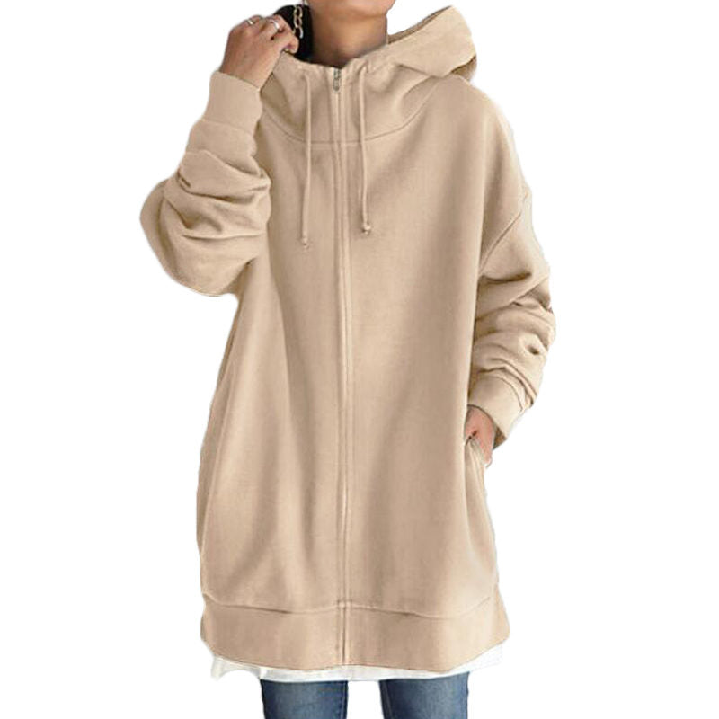 Womens Long Fleece Sweatshirt Simple Full Zip Hoodies-Khaki