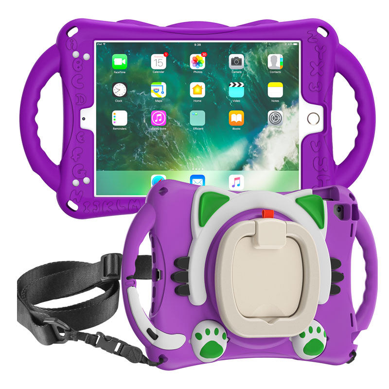 CatB Silicone Case For iPad Pro 9.7 inch Air1/2 Shockproof Shoulder Strap Handle Stand-Purple