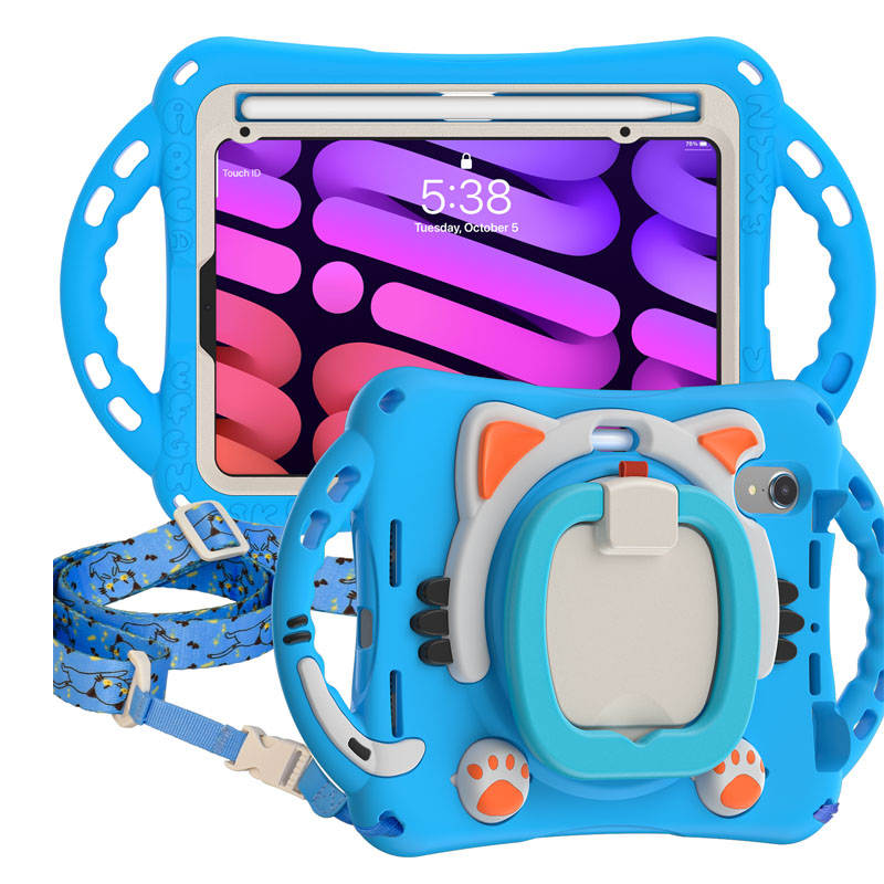 CatB Silicone Case For iPad Mini 6 Shockproof Shoulder Strap Handle Stand-Light Blue