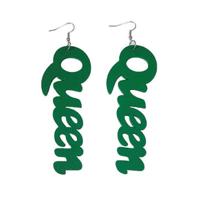 Queen Wood Dangle Pierced Earrings-Green