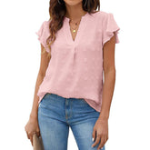 Womens Ruffle Shirts V Neck Short Sleeve Pom Chiffon Blouses Tops-Pink