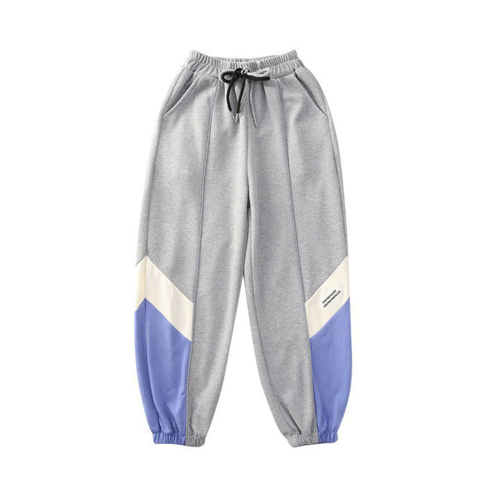 Girls Joggers Long Pants Pockets Outdoor Casual Trousers with Drawstring Three-color Stitching-Gray