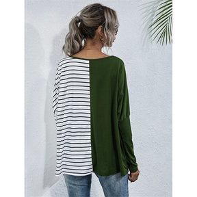 Womens Striped V-Neck Long Sleeve Tops-Green