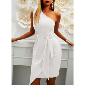 Solid Color Sleeveless Sloping Shoulder Strap Party Cocktail Dress-White