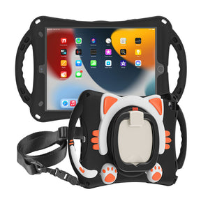 CatB Silicone Case For iPad 10.2 Air10.5 Pro10.5 Shockproof Shoulder Strap Handle Stand-Black Orange
