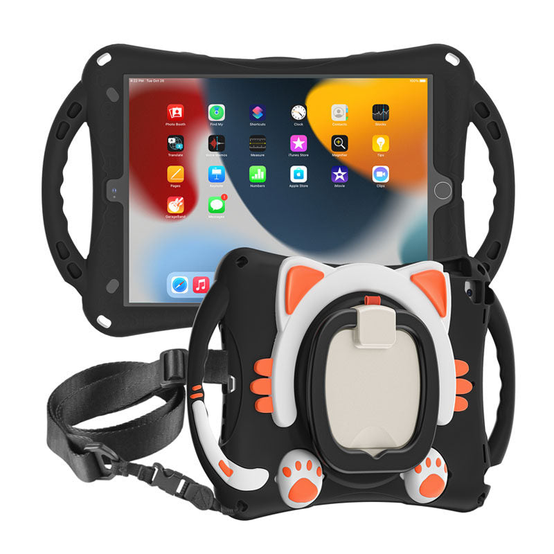 CatB Silicone Case For iPad 10.2 Air10.5 Pro10.5 Shockproof Shoulder Strap Handle Stand-Black Orange