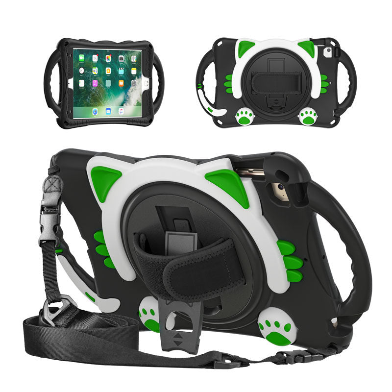 CatA iPad Silicone Case For iPad Mini 5 4 3 2 1 Built-in Handle Stand With a Strap-Black Green