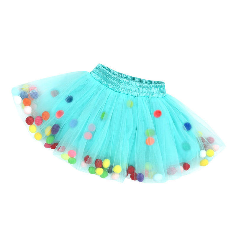 Girl Tutu Skirt Fluffy Toddler Tulle Tutus 3 Layers With Pom Pom Puff Balls-Green