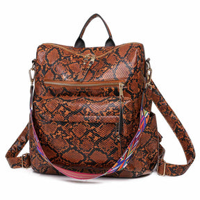 Fashion Backpack Multipurpose Print Leather Travel Shoulder Bag-Brown Snake Pattern