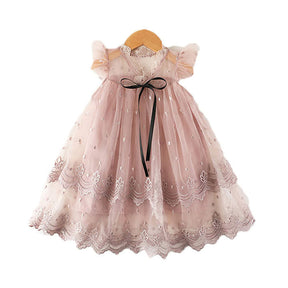 Flower Girls Wedding Dress Lace Sleeveless Tulle Summer Vintage Dresses-Pink
