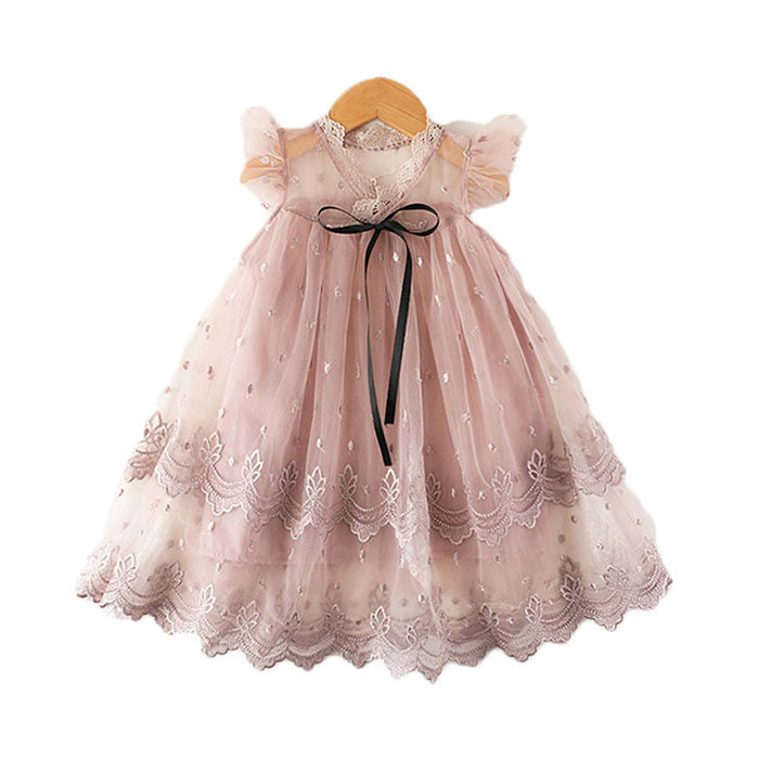 Flower Girls Wedding Dress Lace Sleeveless Tulle Summer Vintage Dresses-Pink