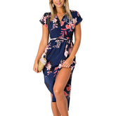 Womens Sexy Dresses Summer Casual V-Neck Printing Pattern Belted Slim Dress-Blue