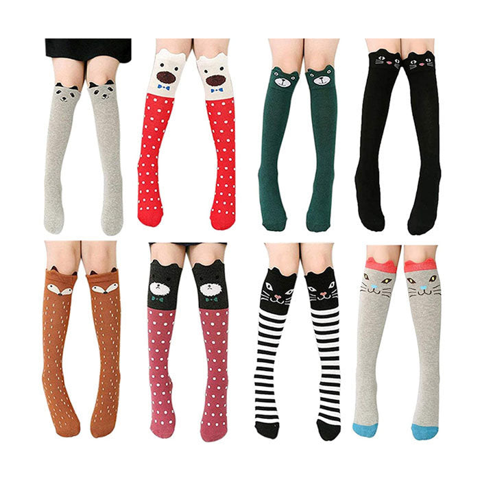 8 Pcs Cartoon Animal Girls Knee High Socks Cotton Mid Calf Long Boot Socks