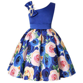 Oblique Shoulder Childrens Dress Rose Print Dress Girls Evening Party Costume-Blue
