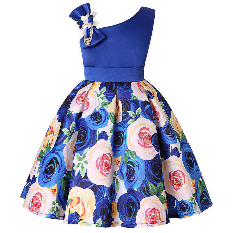 Oblique Shoulder Childrens Dress Rose Print Dress Girls Evening Party Costume-Blue