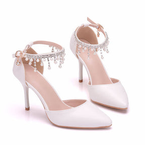 Pointed Toe 7.5cm High Heel Pearl Ankle Strap Wedding Dress Pump-White