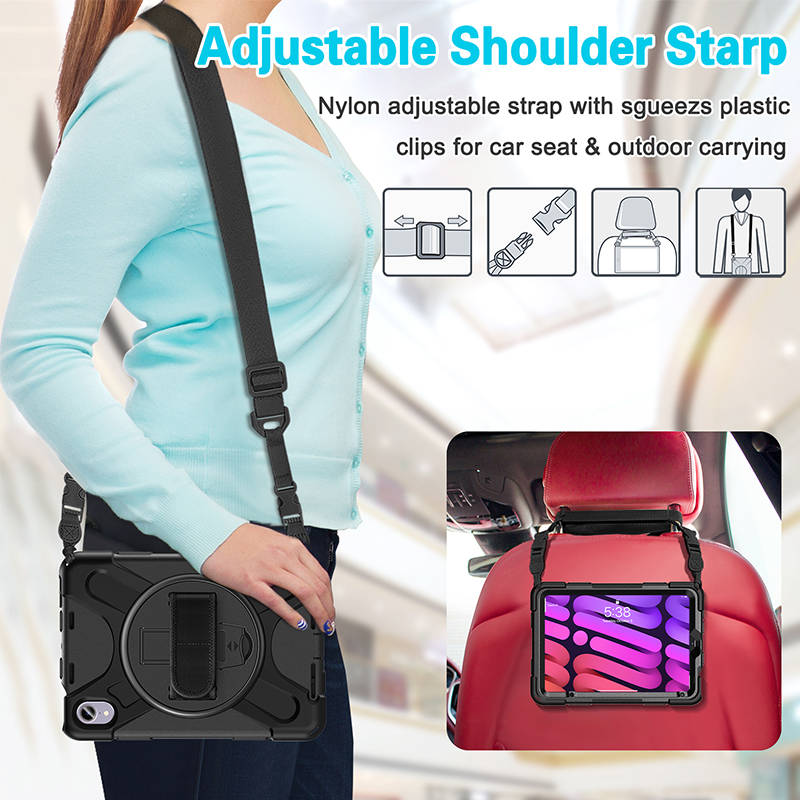 Onepiece iPad Mini 6 Case 8.3 Inch Shockproof Cover with Handle Strap Shoulder Strap-Black