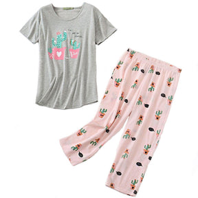 Womens Short Sleeve Casual Prints Pajama Cropped Trousers Set-Gray Cactus