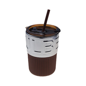 420ml Glass Coffee Mug with Lids and Straws Travel Friendly-SilverAmber